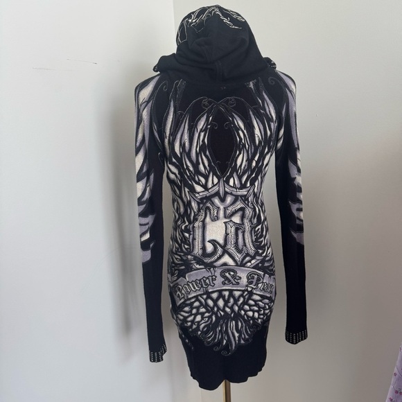 Christian Audigier Hoodie Dress – Gothic Tattoo Print, Rhinestone, LA Streetwear - Picture 12 of 15